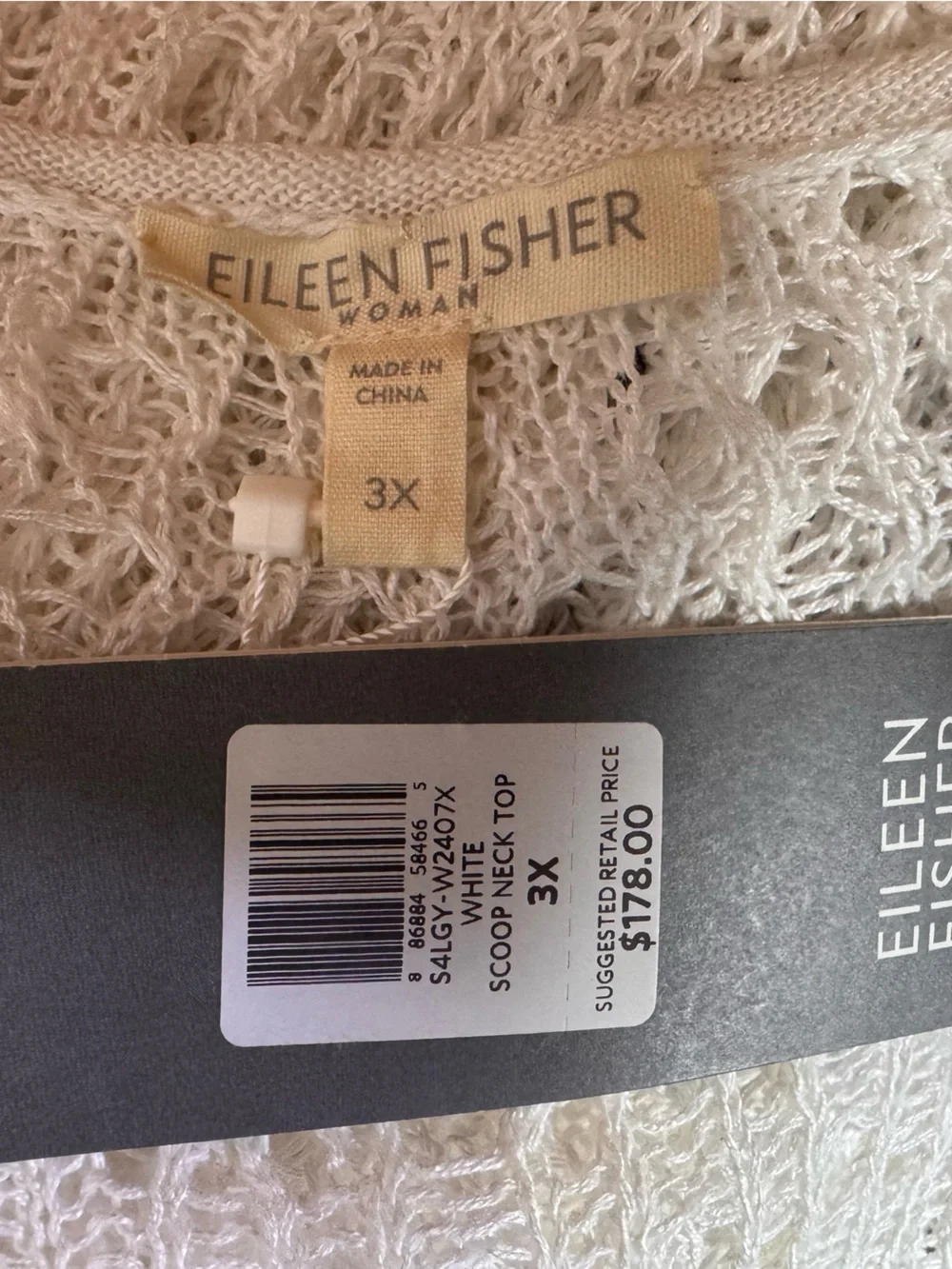 NWT Eileen Fisher Linen Sweater 3X White Crochet Minimalist Open Knit Pullover